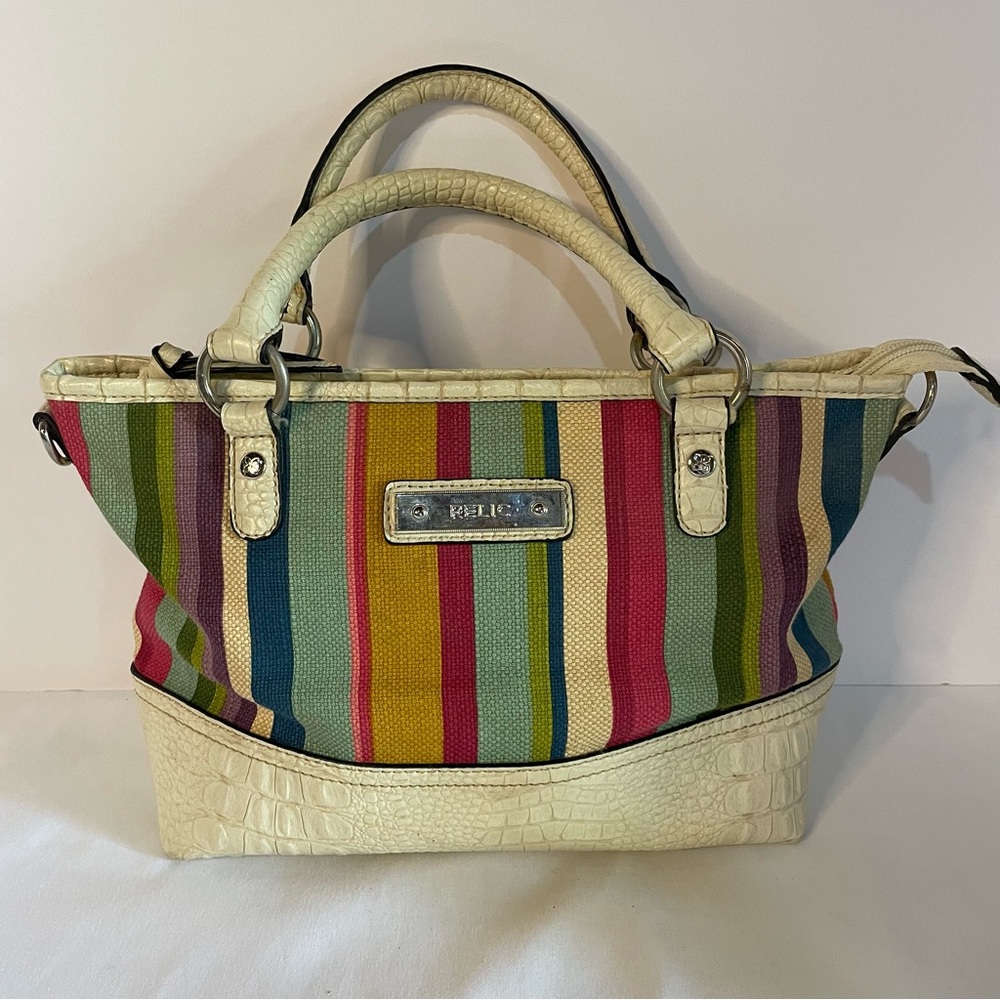 RELIC Multicolored Striped Canvas White Faux Croc Conv. Handbag Shoulder Bag